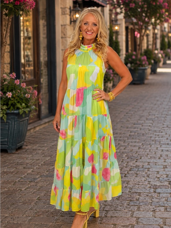entro Dresses & Skirts - entro Sleeveless Tiered Watercolor Maxi Dress - Lime Green, Yellow & Pink Size S